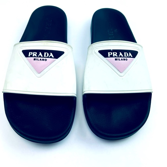 Prada Shoes - Prada: Black & White Rubber Flat Sandals Size: 8.5US - 38.5EU